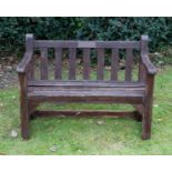 A brown painted hardwood two seater garden bench 122cm wide x 48cm deep x seat height