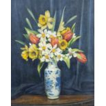 A L Grace still life daffodils and tulips in a vase, oil on canvas, 49.5cm x 39cm, mounted in a
