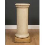 A painted turned wooden column or sculpture plinth with marble inset top and on a square base, the