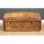 A Spanish 19th century dome topped pony hide travelling trunk with wooden lath and wrought iron