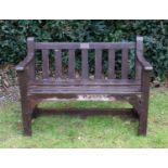 A brown painted hardwood two seater garden bench 119cm wide x 48cm deep x seat height
