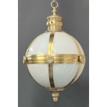 A lacquered brass spherical hanging lantern with opalescent glass, approximately 48cm diameter x