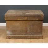 A large hardwood trunk the lift top with iron hinges and lock plate over interior with slots for