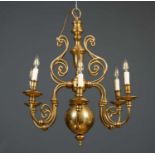 A pair of brass Flemish style chandeliers the six sconces on scrolling arms, on bulbous central