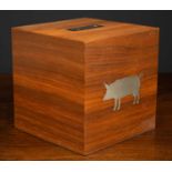 A hardwood David Linley money box with pig motif to the front and signed 'Linley' to the metal