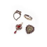 Four 19th century garnet set jewels, comprising a garnet cluster pendant, of openwork design, with
