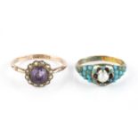 Two gem set dress rings, comprising an amethyst and half pearl cluster ring, signed T&H and