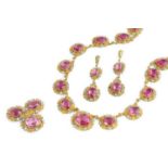 A paste collar necklace, ear pendants and brooch suite, each designed with oval mixed-cut pink paste