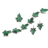 A malachite bracelet, ear pendants and brooch suite, of ivy leaf design, white metal mounted, the