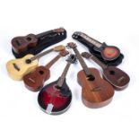 A collection of seven various modern string instruments, two with soft cases (7)