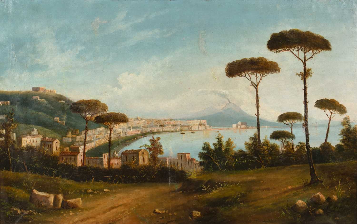 19th century Neapolitan school The Bay of Naples with Vesuvius erupting, oil on canvas, 65 x 104cm
