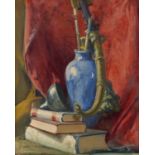 Follower of the Bloomsbury Group Still life - an arrangement of books with blue vase and scimitar