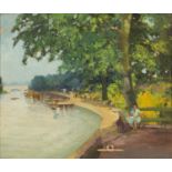 20th century Continental school A summer day at the lake side, oil on canvas, 45.5 x 54cm