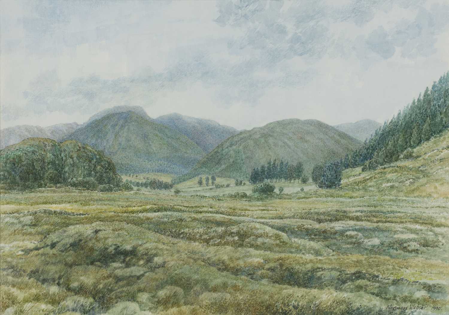 Norman Webster (20th century) 'Mountains near Inversheil, Wester Ross', signed and dated 1990,