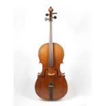 A late 19th/early 20th century French cello with two piece back retailed by Apollo (Rushworth &