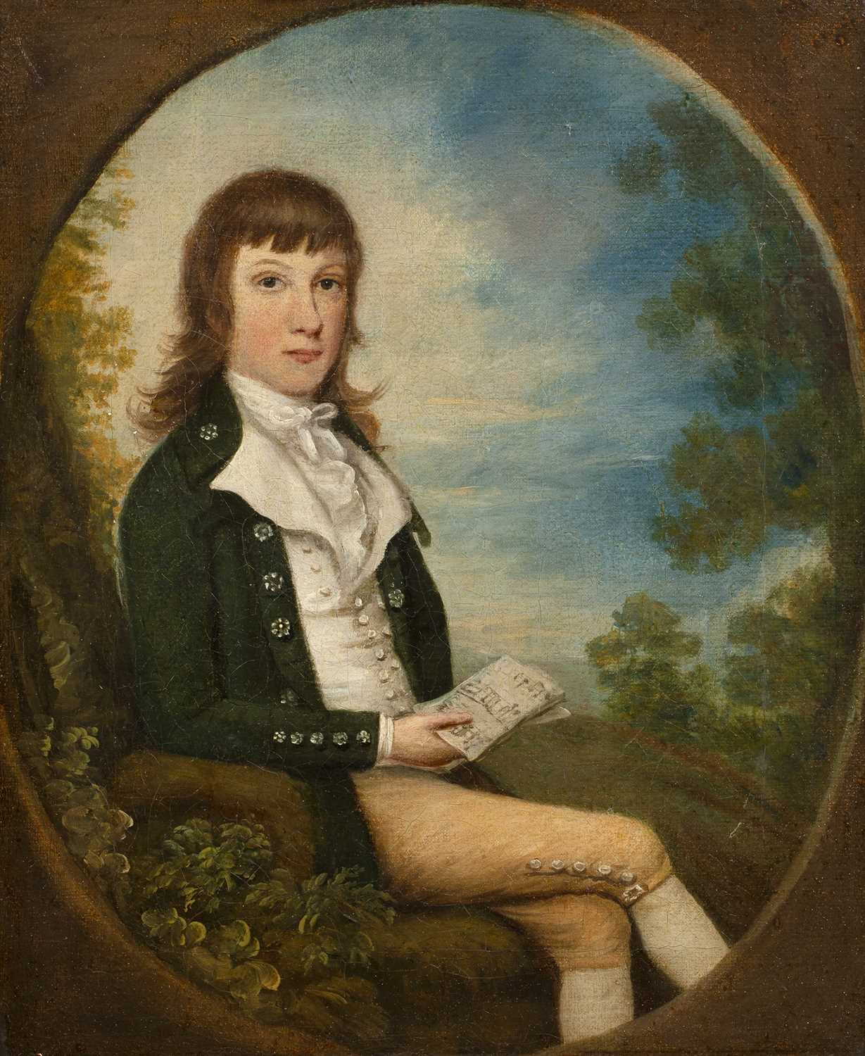 Attributed to Daniel Gardner (1750-1805) Portrait of a young boy seated with music manuscript in a