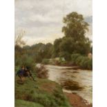 Charles Haigh Wood (1854-1927) Fishing from the river bank, signed and indistinctly dated, oil on