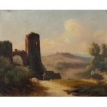 E.A. Street (?) Landscape with ruined tower, signed and dated 1879, oil on board, 19.5 x 24cm