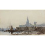 Paul Marny (1829-1914) View of Antwerp from the Scheldt, pen, ink and watercolour, 11 x 19cm