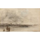 English school Figures by an estuary at low tide, signed and dated 1638, ink and wash, 18 x 29cm
