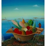 Stefan Vecenaj (1928-2000) A bowl of fruit with anglers, signed and dated 1977, glass painting, 38.5