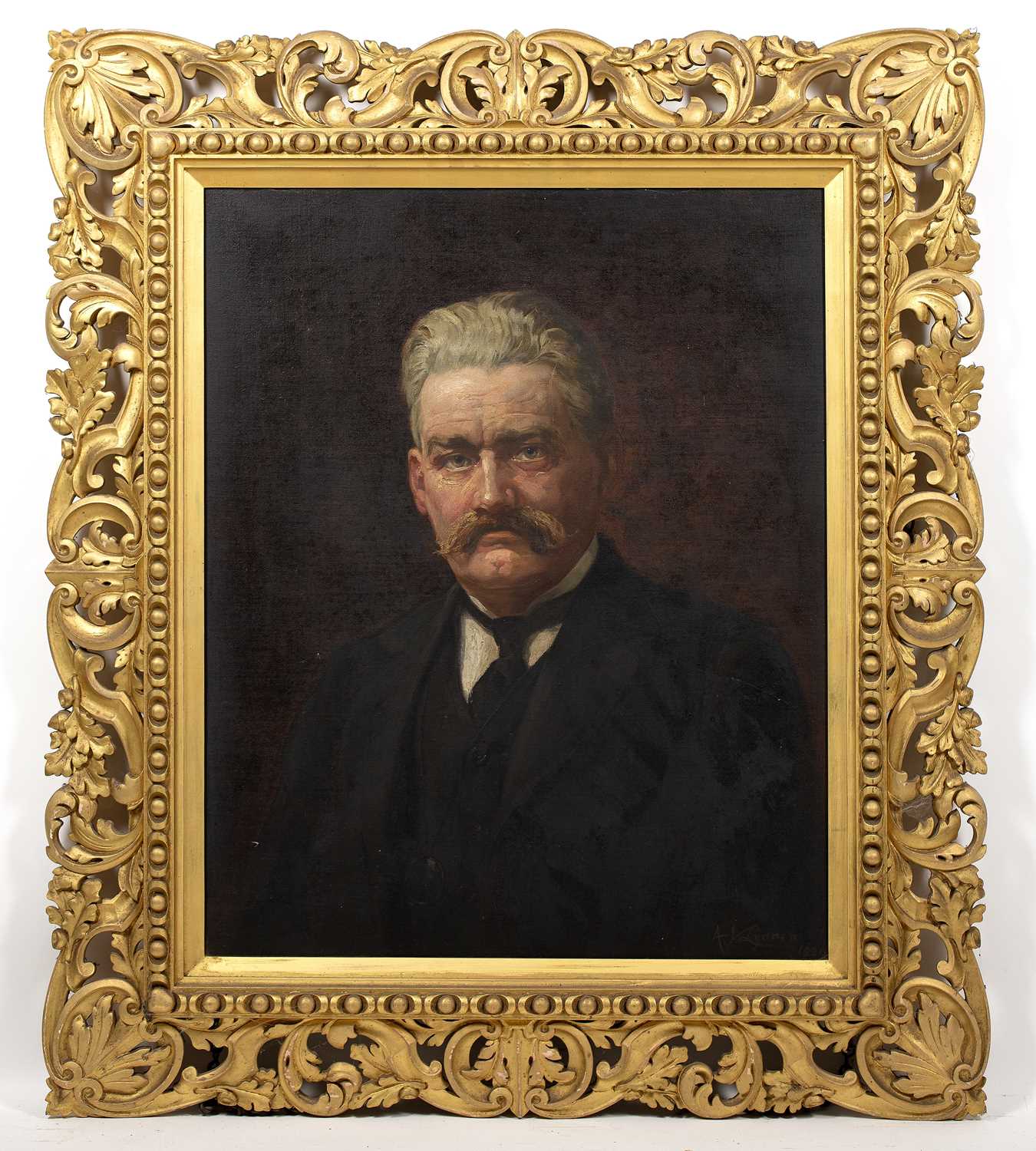English School Portrait of William Dockar-Drysdale wearing jacket and tie, oil on canvas in carved - Image 2 of 3
