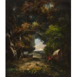 Follower of John Constable (1776-1837) A wooded landscape with figure and cart, oil on canvas, 63