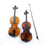 A 20th century violin with two piece back, 36.2cm; and one further similar, 35.8cm together with