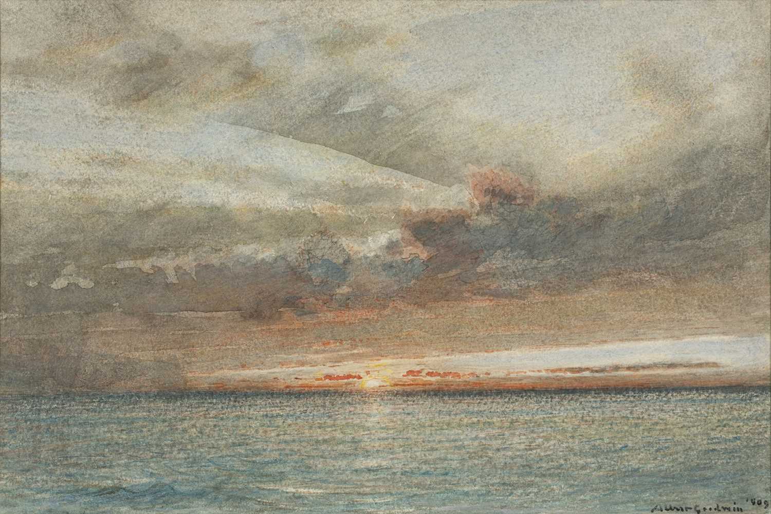 Albert Goodwin (1845-1932) Sunset over the silver sea, signed and dated 1909, watercolour, 17.5 x