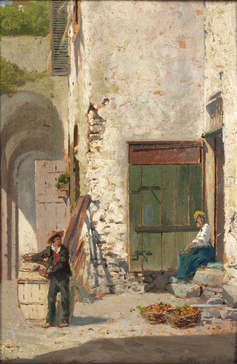A * Pegrassi (?) Figures on stone steps in a landscape; and companion, a pair, signed, oil on panel, - Image 2 of 5