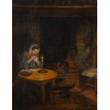 T H Sanders By the fireside, signed and dated 1876, oil on canvas, 34 x 26.5cm