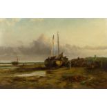 George Gregory (1849-1938) Fisherfolk with beached sailing vessels, signed and dated 1888, oil on