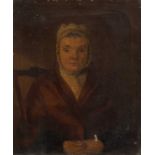 19th century English school Portrait of a lady, seated with hands clasped, inscribed 'Margaret