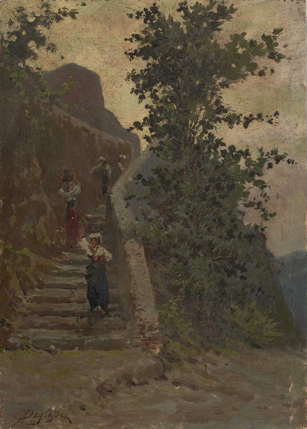 A * Pegrassi (?) Figures on stone steps in a landscape; and companion, a pair, signed, oil on panel,
