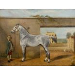 19th century English school A young boy with dappled grey horse, oil on canvas, 30 x 40cm