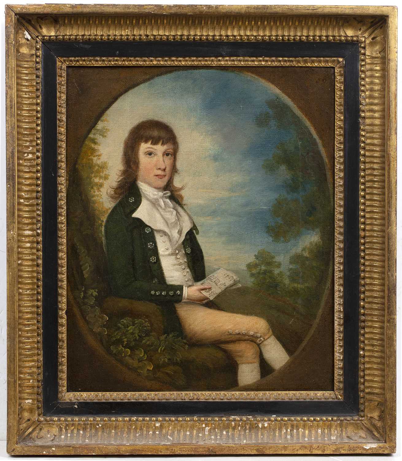 Attributed to Daniel Gardner (1750-1805) Portrait of a young boy seated with music manuscript in a - Image 2 of 3