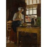 19th century Dutch school A lady peeling vegetables, indistinctly signed, oil on panel, 44 x 33cm