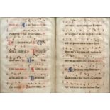 A double page sheet from an old antiphony on vellum with notes, staves and Latin script in