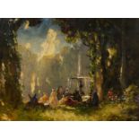 Tom Mostyn (1864-1930) An ethereal sunlit woodland with figures at a fountain, signed, oil on