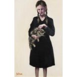 Jo Dixon The Girl and the Cat, signed, oil on board, 19 x 12.5cm