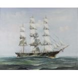 John Ambrose A three master at sea, signed, oil on canvas, 40 x 50cm