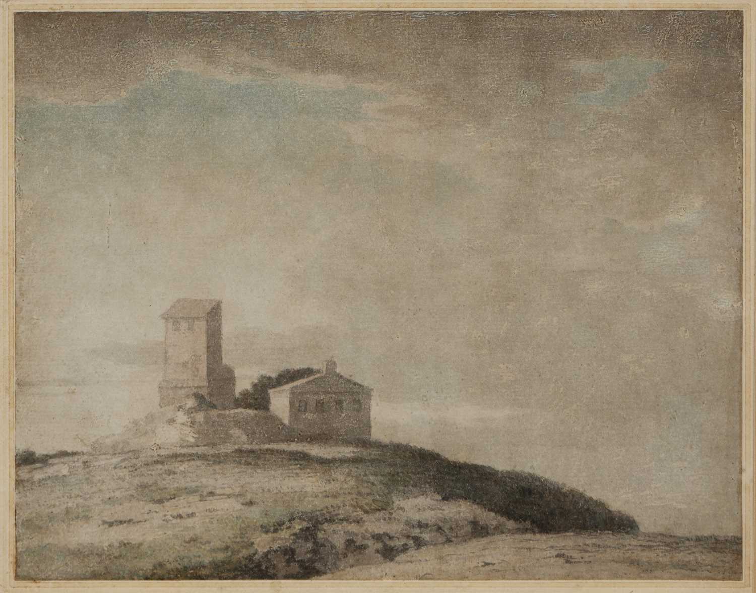 Alexander Cozens (1717-1786) Landscape with buildings, watercolour, 16.5 x 21cm