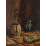 English school (early 20th century) Still life - a wine bottle, vase of flowers and book in a corner