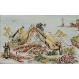 Basil Jonzen (1913-1967) Still life - musical instruments and seafood off the coast, signed, oil