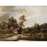 R * Percy (19th century) A traveller by a barn in a wooded setting, signed, oil on canvas, 44.5 x