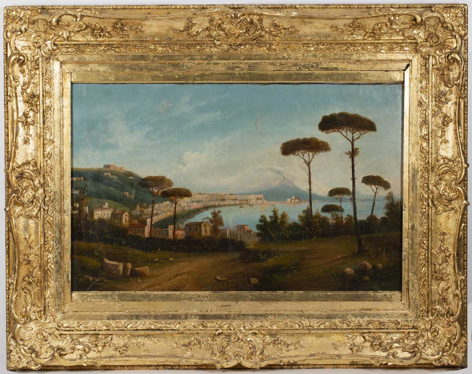 19th century Neapolitan school The Bay of Naples with Vesuvius erupting, oil on canvas, 65 x 104cm - Image 2 of 3