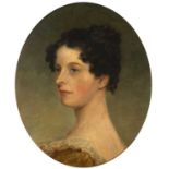 19th century English school Head and shoulders portrait of an elegant lady, her dark curly hair tied