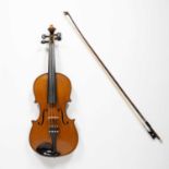 An early 20th century German violin with two piece back, 36cm; together with bow, cased