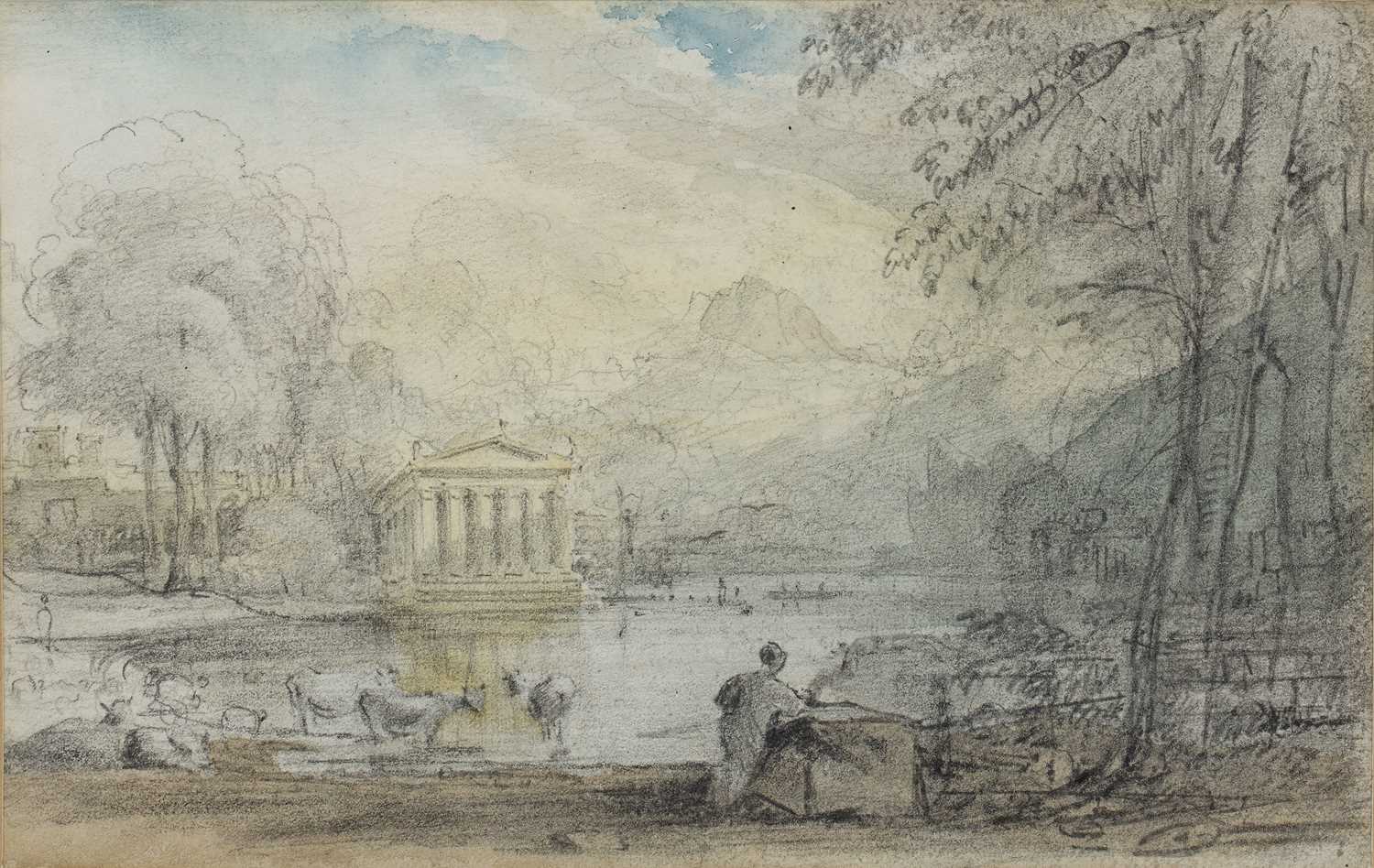 John Varley (1778-1842) Ruins in a landscape, pencil and watercolour, 11 x 17cm