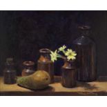 Tim King (20th century) Still life - stoneware jars, a pear and daffodils on a ledge, signed, oil on